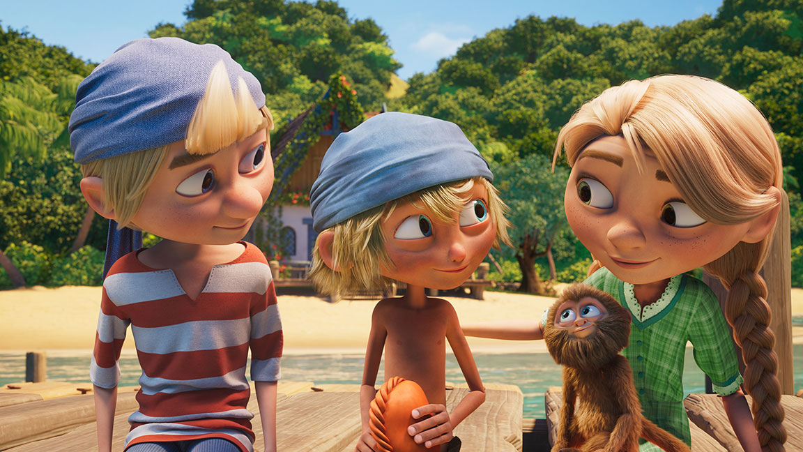 三维动画来自 Captain Sabertooth：两个男孩、一个女孩和一只山爱游戏坐在木墩上，背景是寒带海滩