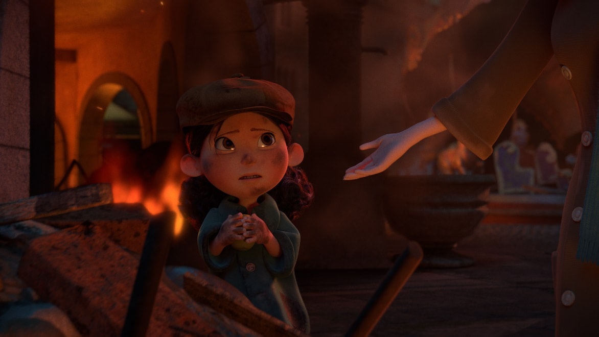 动画片子《Mila》爱游戏的场景揭示了在一个被火光照亮的房间里，一个女人的手伸向一个谨慎翼翼的小女孩的排场