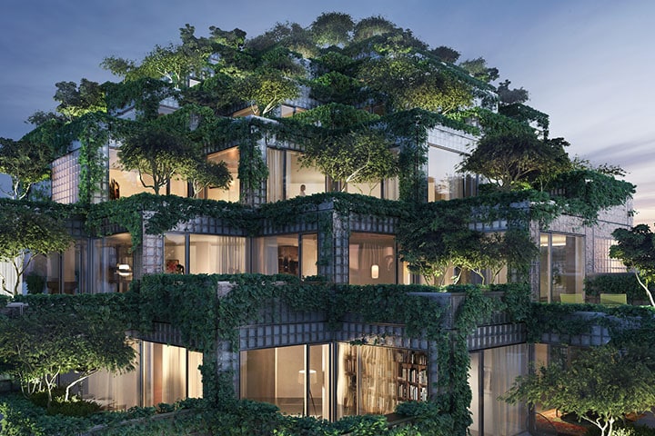 多伦多城市发展项目的住宅单元效图, 被郁郁葱葱的花园覆盖着