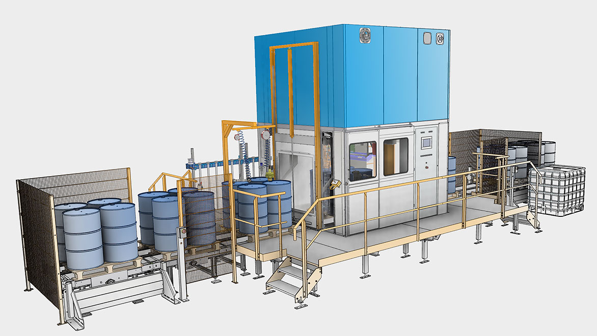 Industrial machine for filling products such as liquids or grains into steel drums