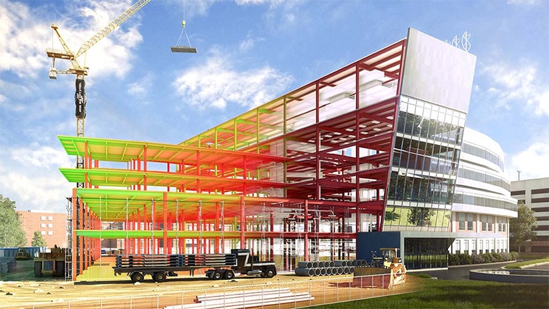 Modern building design visualization showing structural framing and colorful layered architectural systems.