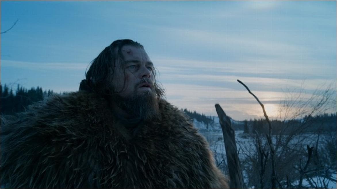 Compositing software still of Leonardo DiCaprio against a winter sky from The Revenant