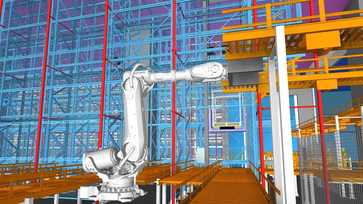 Modelo 3D de instalaciones de manufactura que muestra equipos de logística dentro de AMC