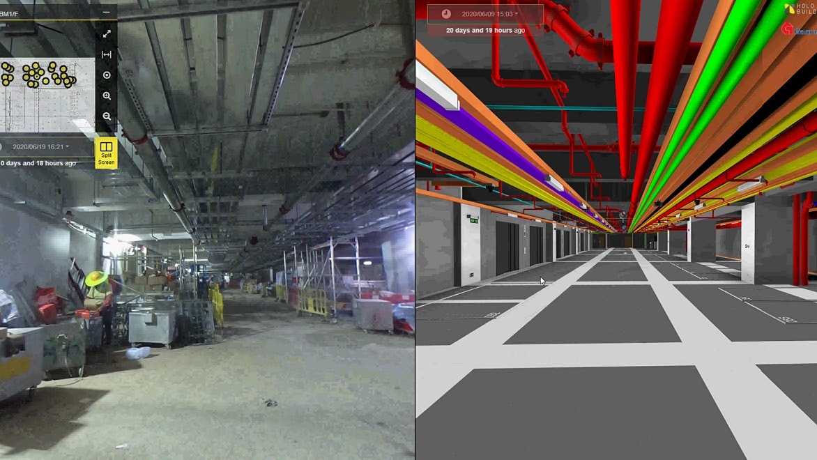 Representation of Gammon’s mobile app shows a piping installation in the ceiling of AMC next to a model with color-coded piping