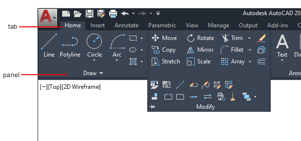 AutoCAD LT ribbon with callouts to tabs and panels