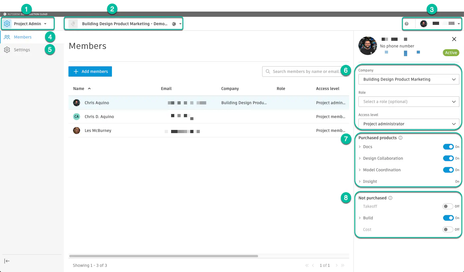 Annnotated screenshot of the features within Project Admin