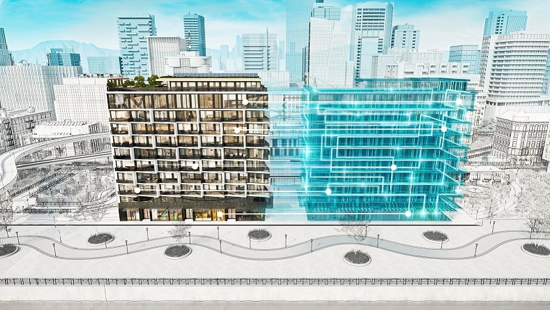 A digital twin representation of building next to an illustration of the same building.