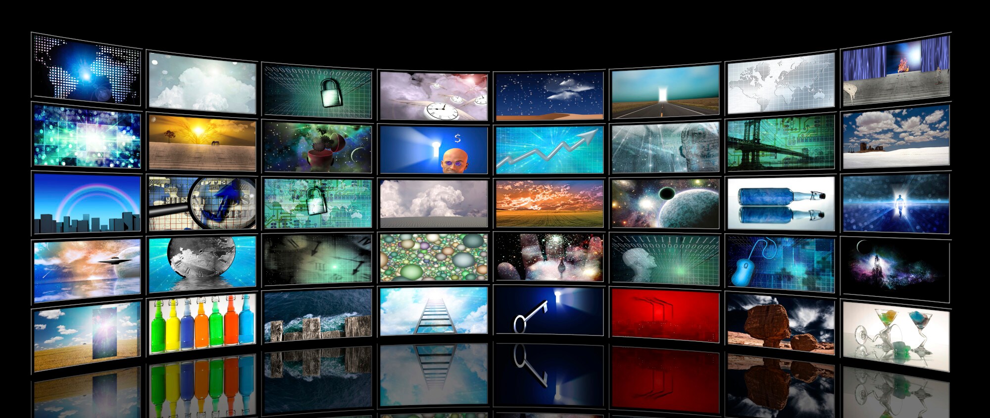 Wall of media screens displaying different content.