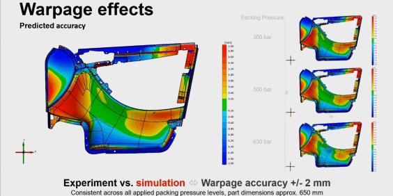 Image of automotive part simulated in Moldflow for digital twin of warpage prediction by Engel