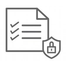Icon of a checklist that has been ticked off. Badge and a closed lock in the bottom right hand corner. 