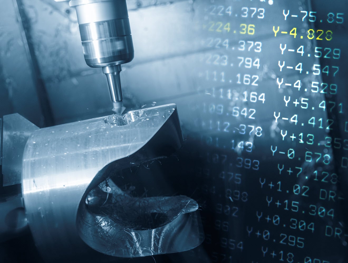 Abstract scene of 5-axis CNC milling machine and the NC code