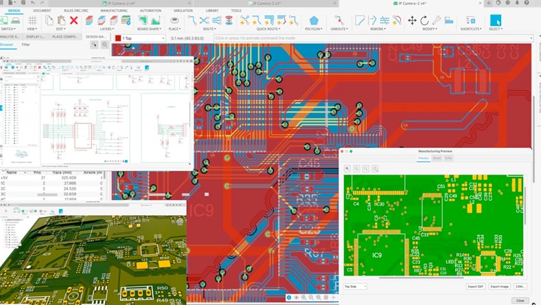Capture d'écran de composants électroniques intégrés à Fusion 360