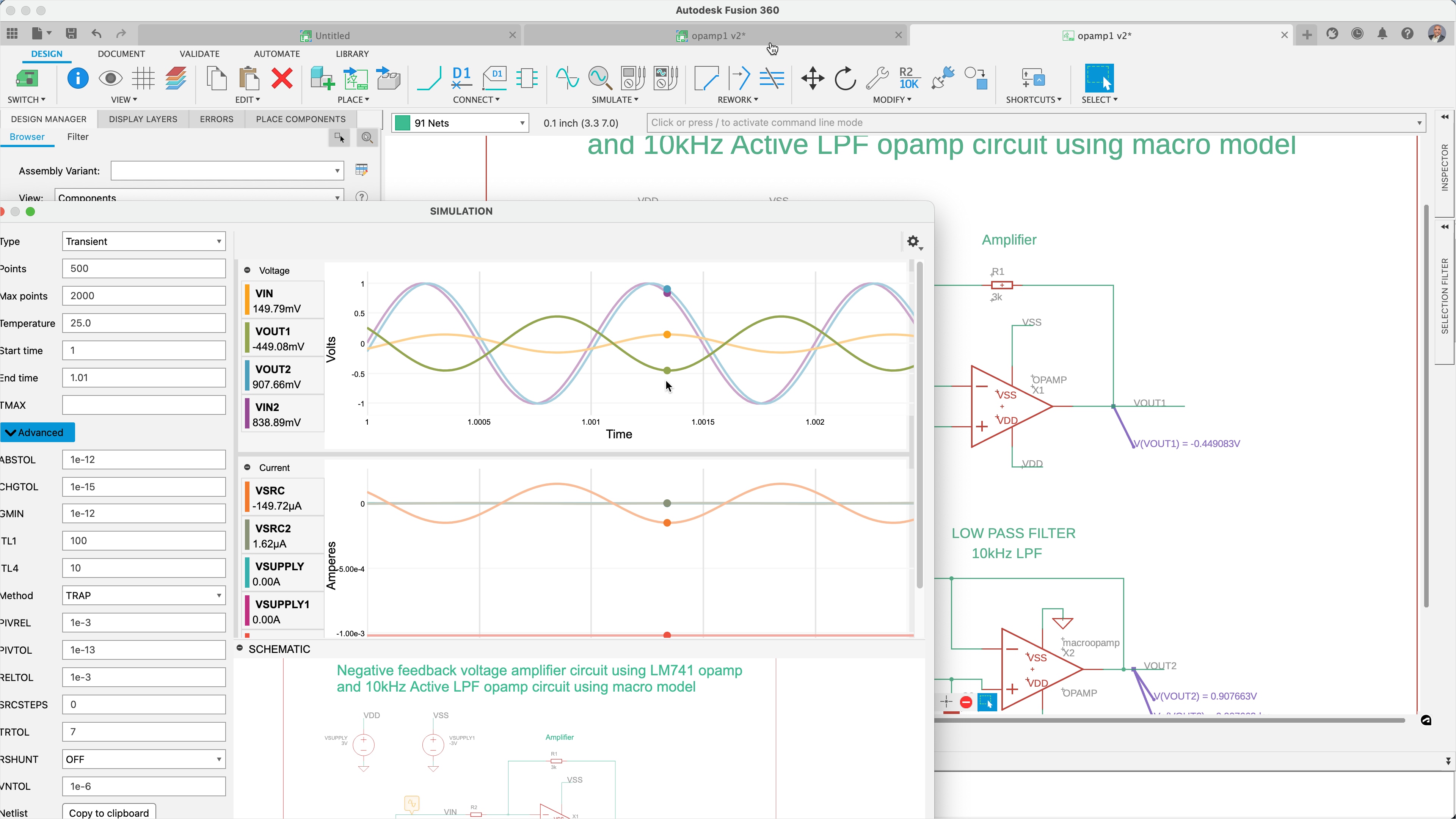 A Spice Simulation of a schematic of the results of and signal input being amplified by an OpAMP