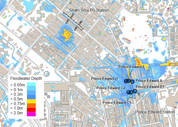 中国香港各站点洪水深度的二维地图