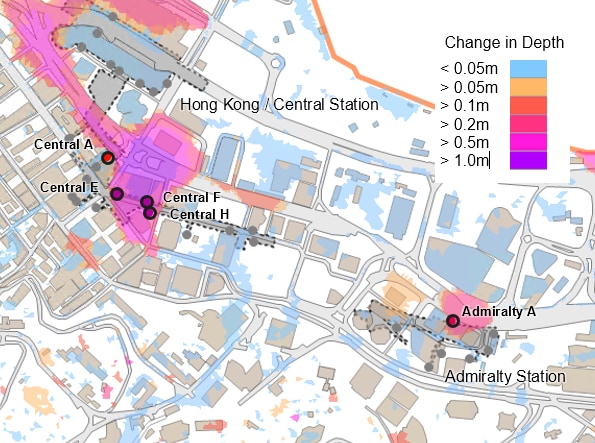 中国香港各站点未来洪水深度的二维地图