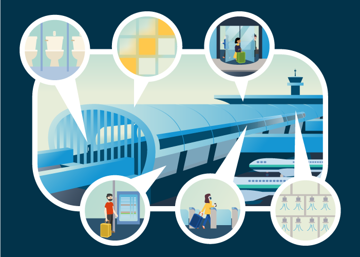Illustration of the Oslo, Norway airport highlighting toilets, lights, doorways, signage, and sprinklers that were added during the expansion.