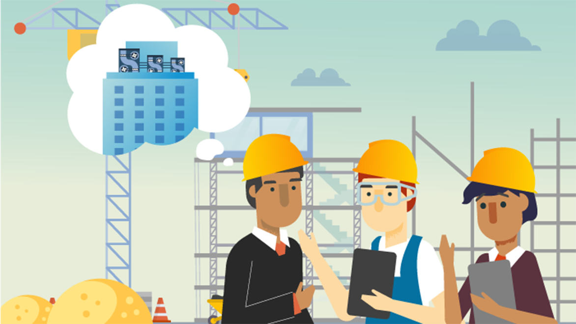 An illustration of three people talking at a construction site. One man has a thought bubble of the completed building.