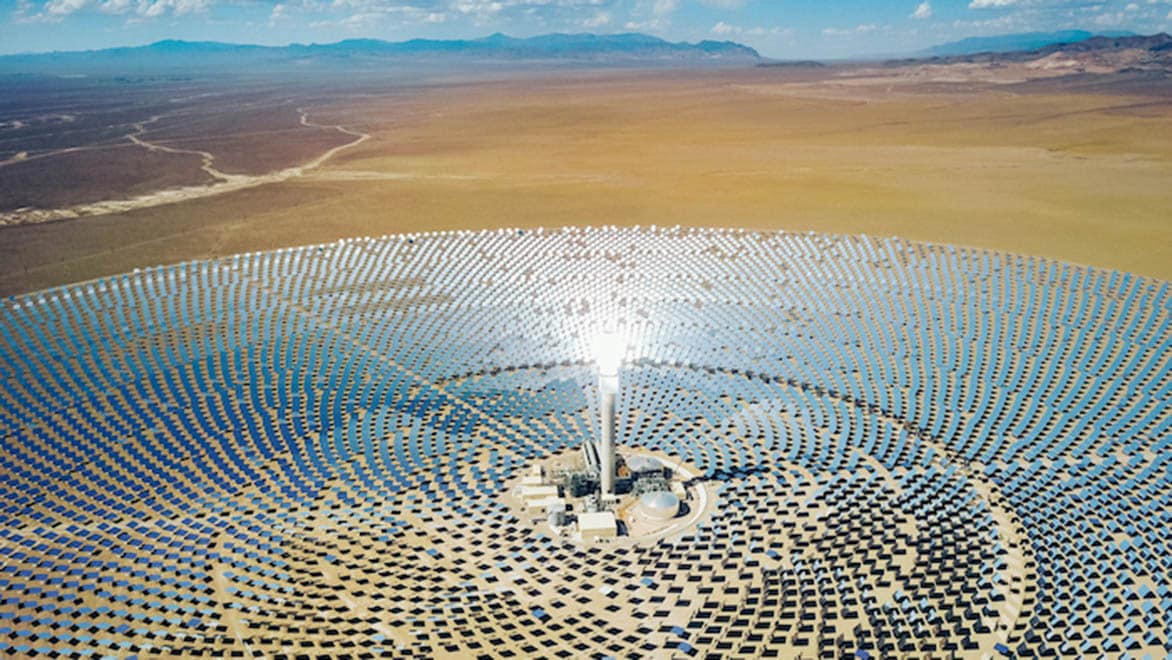 Aerial view of a solar thermal-power station in the Nevada desert.
