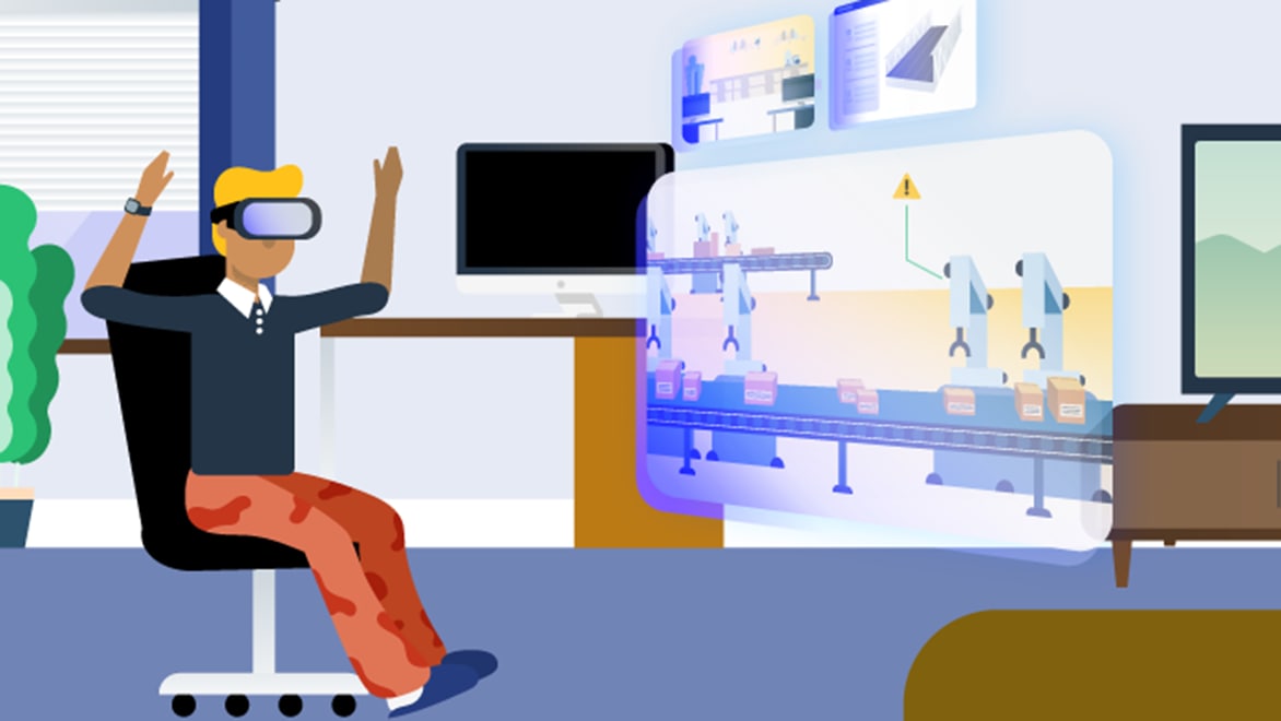 An illustration of a man sitting while wearing a VR headset. Three screens show what the man can see in his headset: an assembly line, an office, and a prototype.