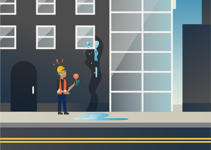 Illustration of an alarmed man in a hard hat, holding a phone. The building he is looking at has a leak.