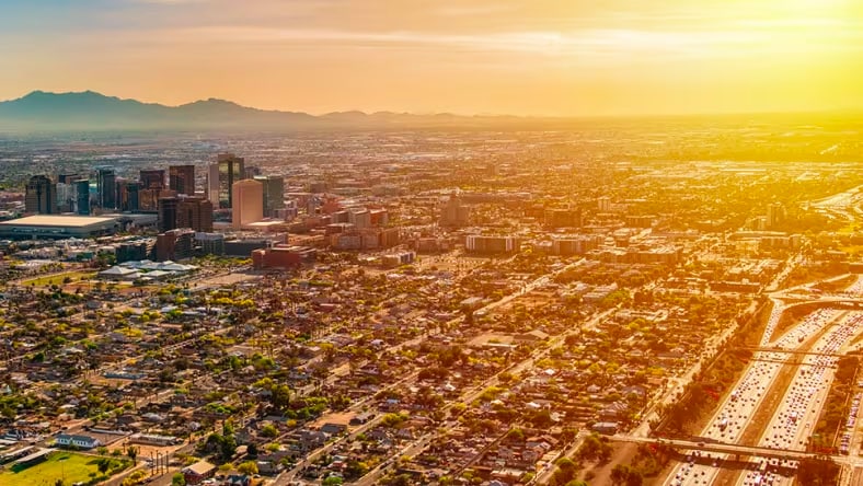 Aerial view of Phoenix at sunset