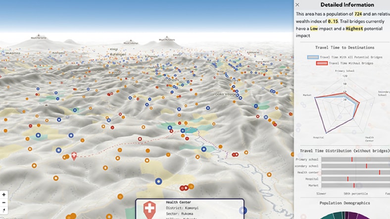 Screenshot of B2P's interactive Fika Map: Digital aerial view of topographic map with dozens of different colored dots sprinkled across mountainous terrain; a right-side-bar with additional detailed information, text mostly illegible.