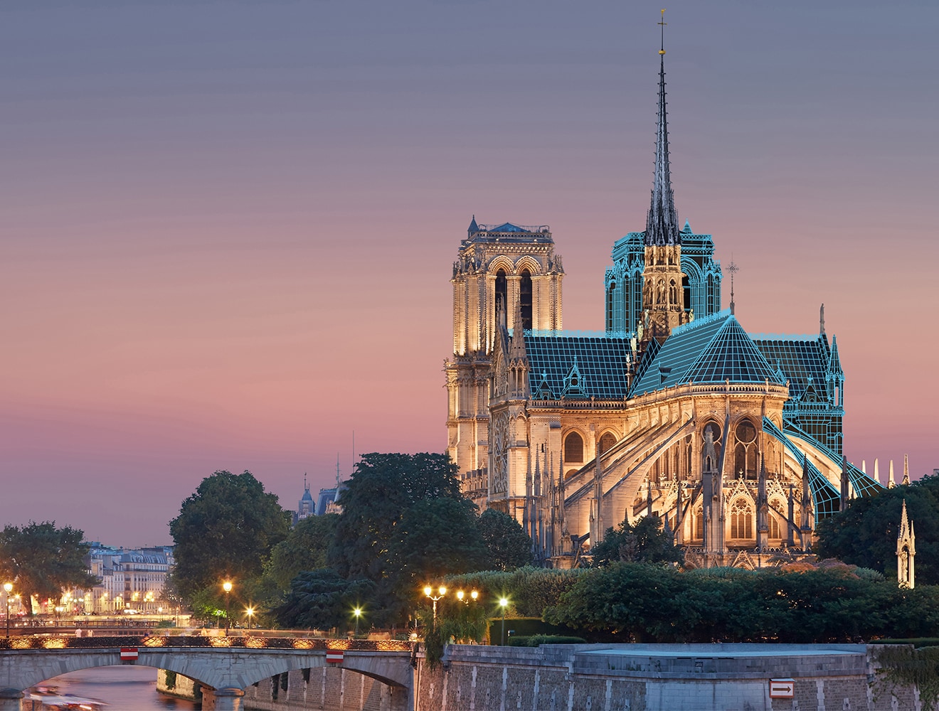 A 3D visualization of one of the angles of the restored Notre-Dame Cathedral, created by Autodesk.