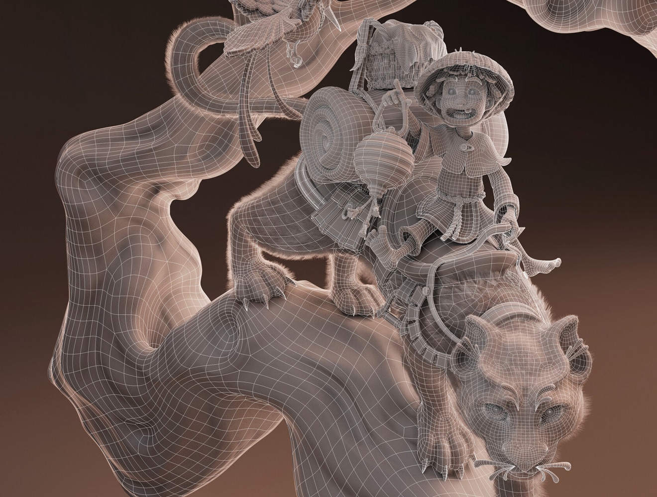 Animated character riding tiger