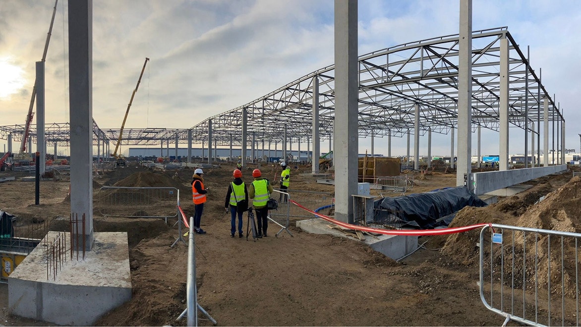 The Legnica plant construction site, showing a frame and roof elements.
