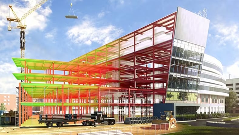 L’image d’un bâtiment en construction, mais dont la moitié affiche les éléments de conception en rouge, vert et jaune