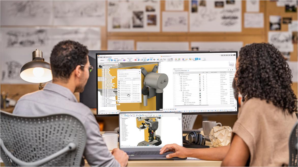 Engineers designing an espresso machine in Autodesk Fusion