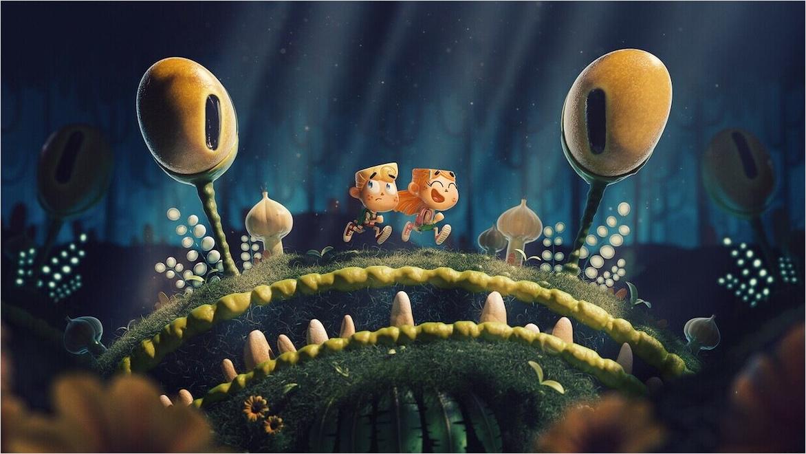 Two cartoonish 3D-animated characters run between the eyestalks of a large-mouthed monster.