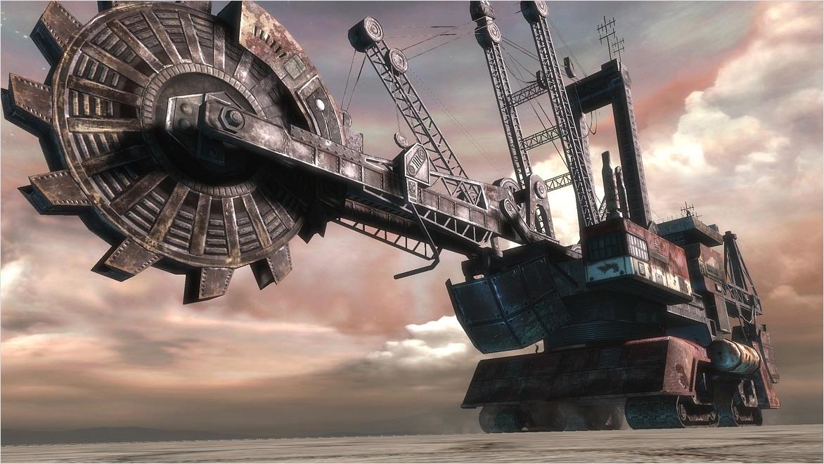 A video game animation showing a large tractor-trailer with a pinwheel and rotating blade.