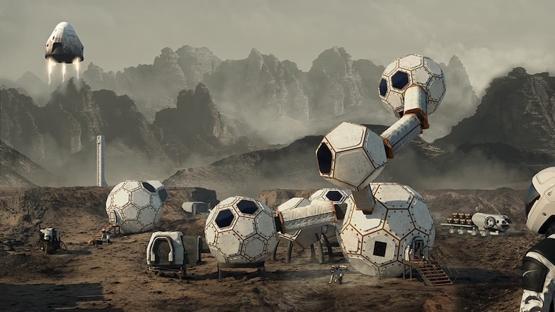 A 3D painting of a human colony on a barren alien world shows modular white housing structures and a spaceship midflight.