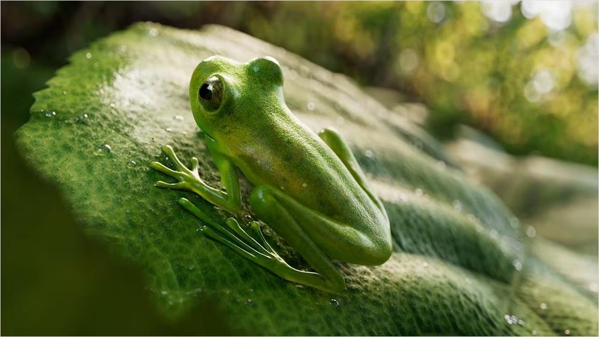 A frog on a leaf is digitally rendered.