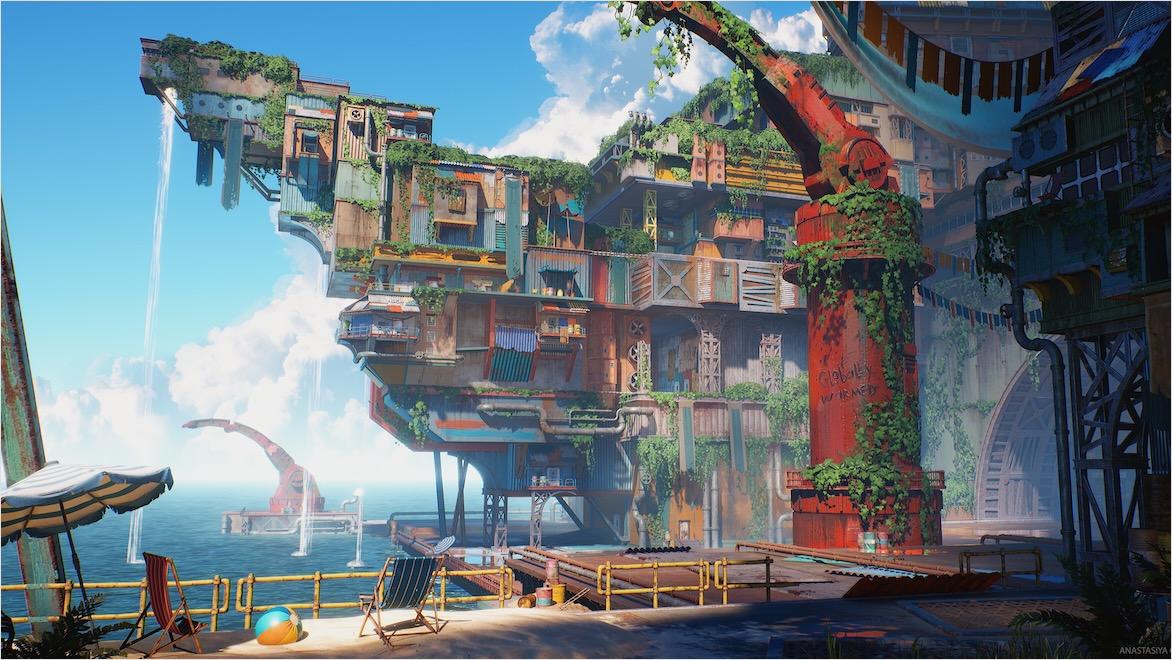 3D rendering of a video game setting on a ship that has been turned into housing and is overgrown with plant life.