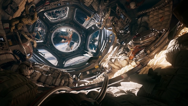 A 3D rendering shows the view from the cockpit of a spaceship.