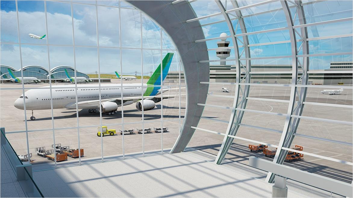 Rendering of an infrastructure model showing an interior view of a modern airport terminal with views out to the runway and other gates.