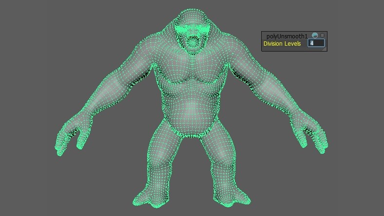 3D rendering of a gray creature with a green mesh overlay in Maya software.