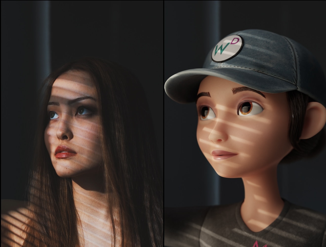 A composite image shows an actor in dramatic lighting on the left, re-created as an animated video game character on the right.