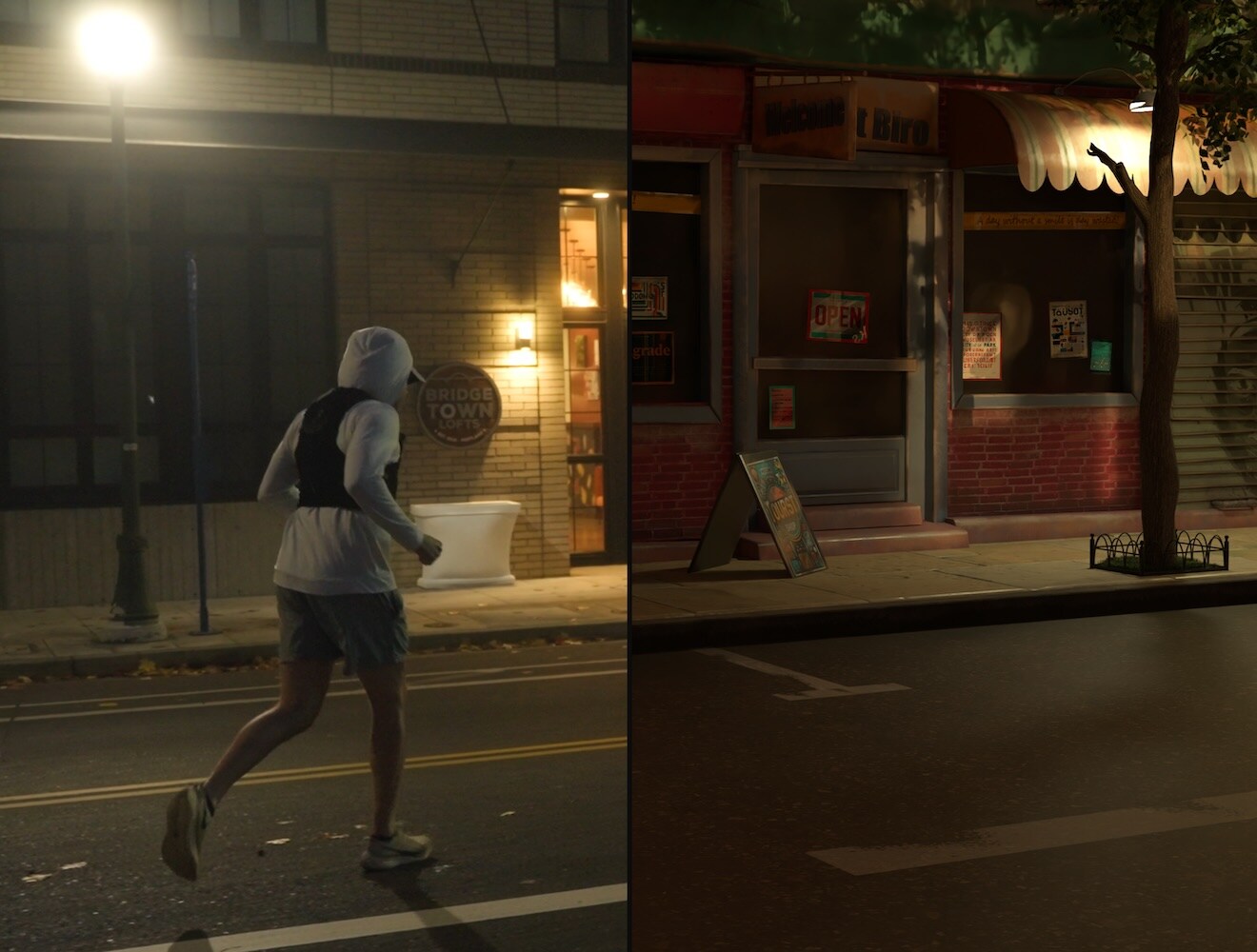 A composite image shows a nighttime street scene with lighting effects on the left that are replicated in AI-created animation on the right.