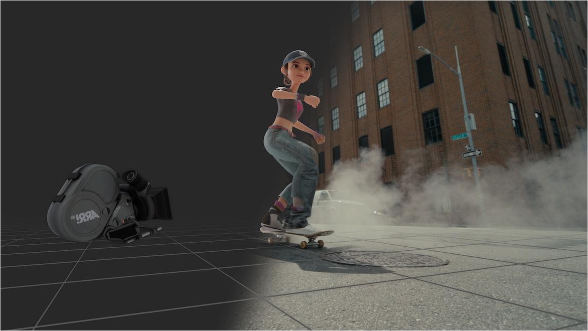 An animated character skateboards in a 3D space that transitions left to right from an empty grid to a city street scene.