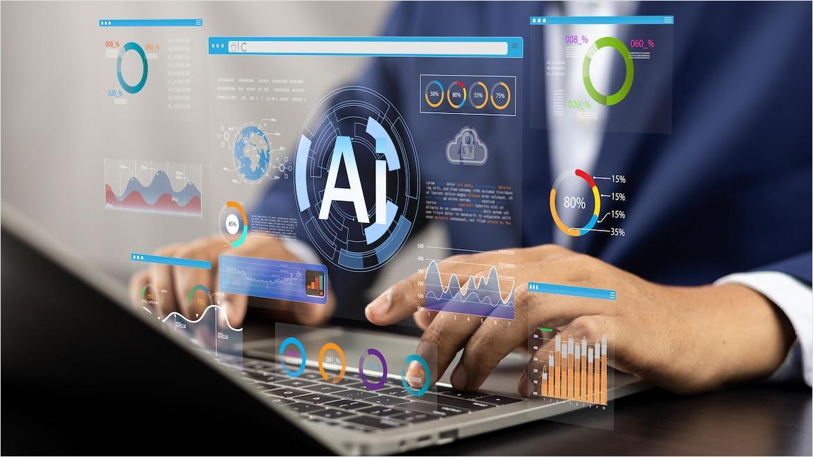An image of a businessman on a laptop is overlaid with icons representing AI and data charts