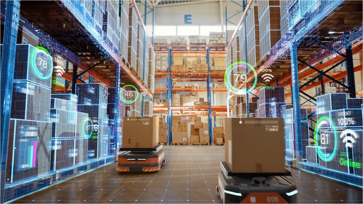 Low-angle image of an aisle in a warehouse with AGVs moving boxes around and an overlay suggesting AI analysis.