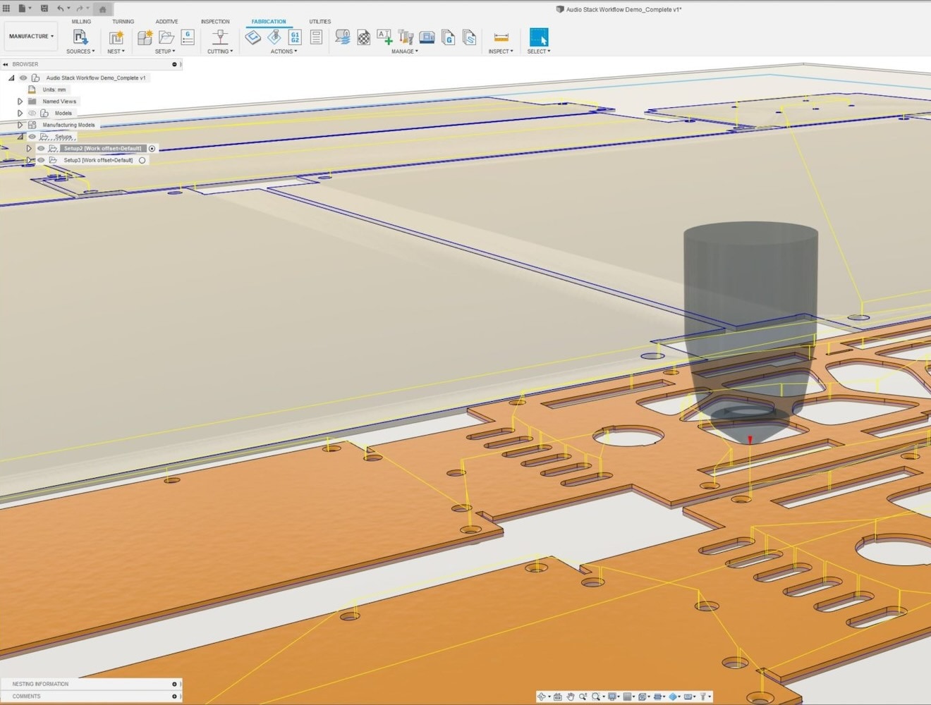 A screen capture of nesting features in the Fusion Manufacturing Extension.