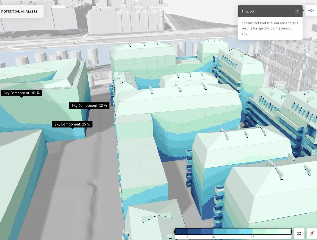 Analysis of urban buildings shows a gradient indicating daylight potential.