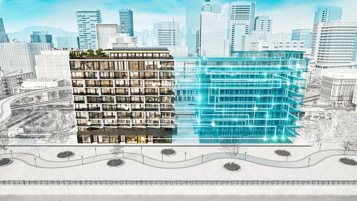 An illustration of a building with a virtual twin duplicate next to it.
