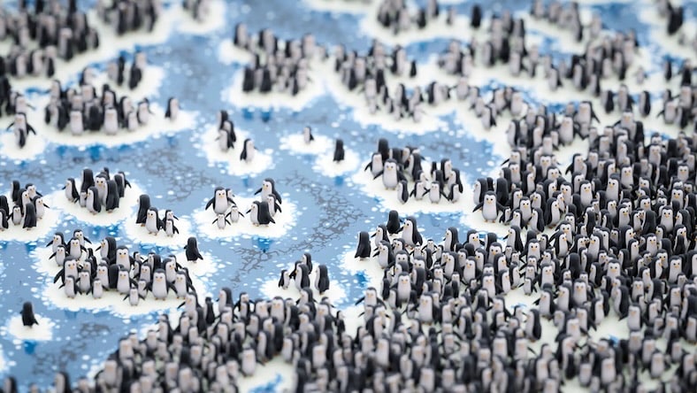 3D rendering of many animated penguins