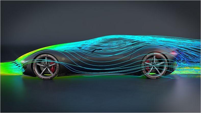 Rendering of a concept car in side view with colorful airstream simulation lines.
