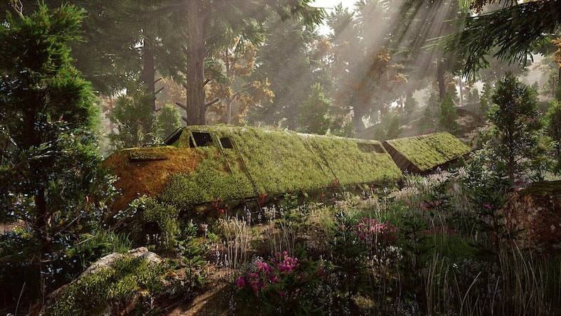 A 3D-rendered scene shows overgrown buildings in a clearing in a forest.